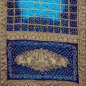 Turqoise Woven Blended Bandhej Saree With Checks-Turquoise