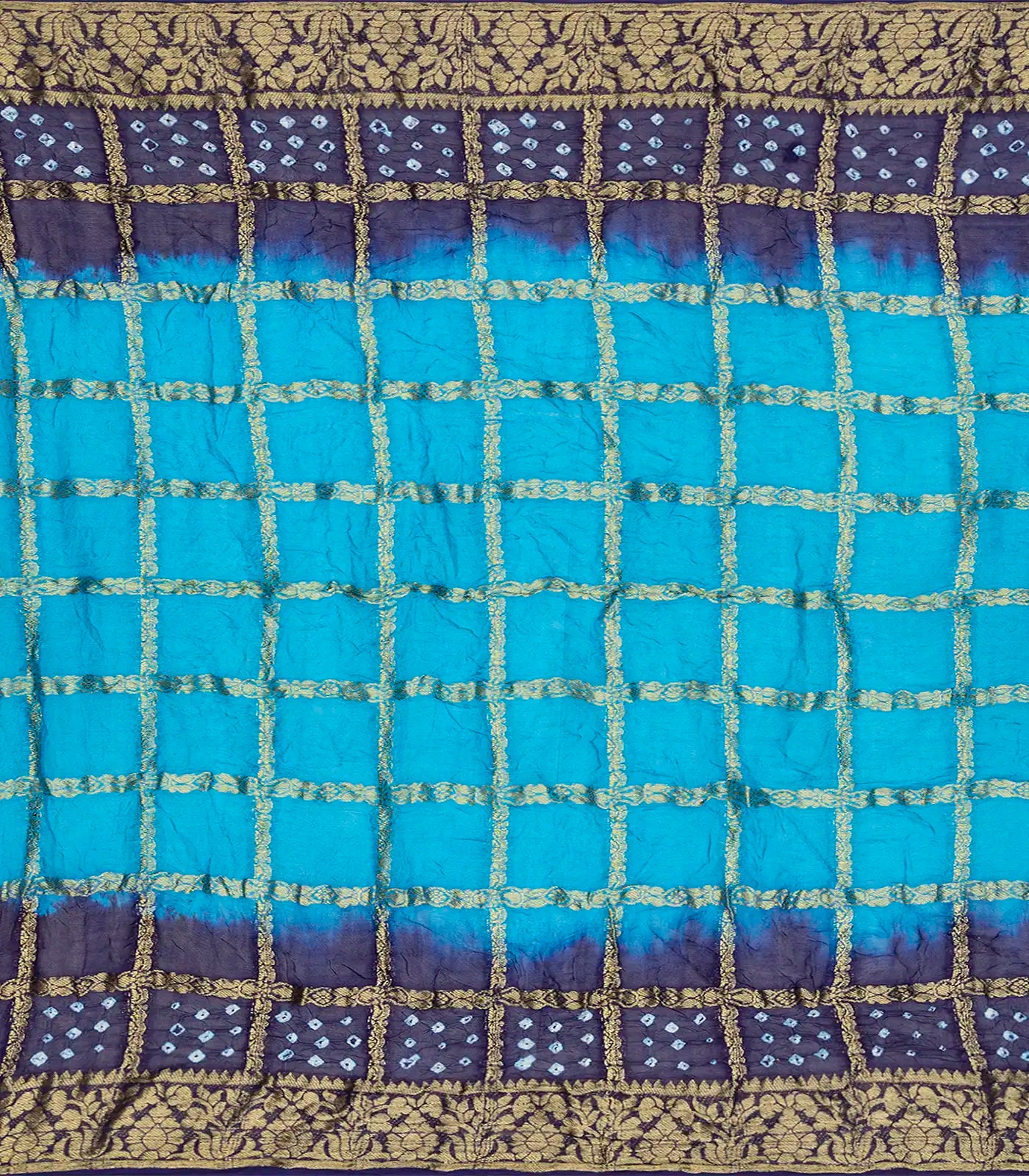 Turqoise Woven Blended Bandhej Saree With Checks-Turquoise