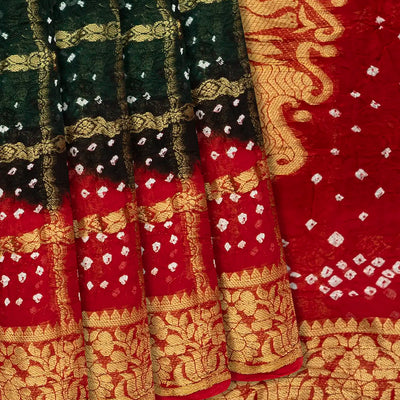 Dark Green Woven Blended Bandhej Saree With Checks-Dark Green