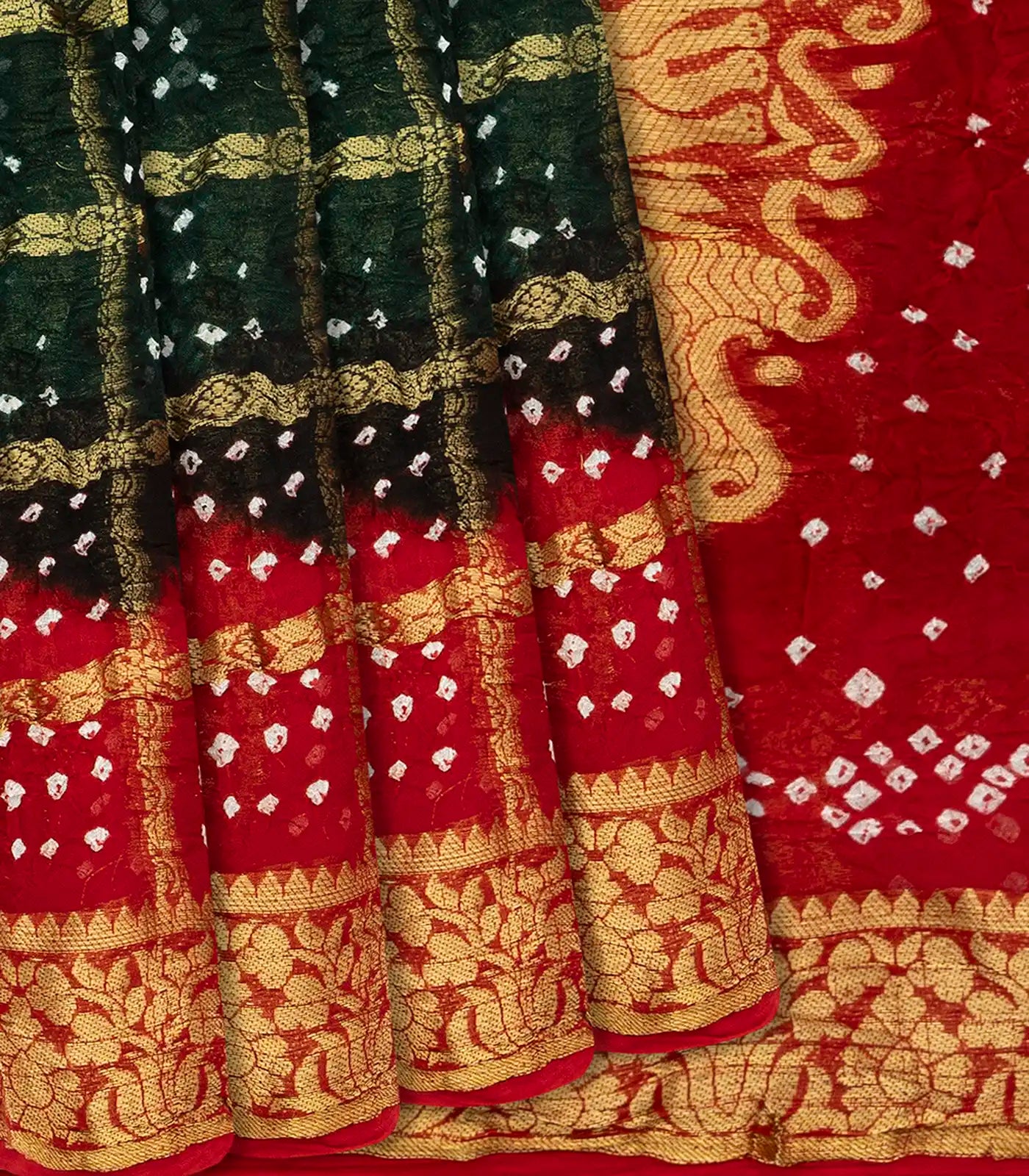 Dark Green Woven Blended Bandhej Saree With Checks-Dark Green