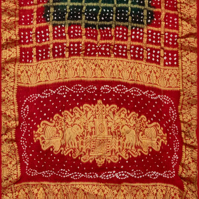 Dark Green Woven Blended Bandhej Saree With Checks-Dark Green