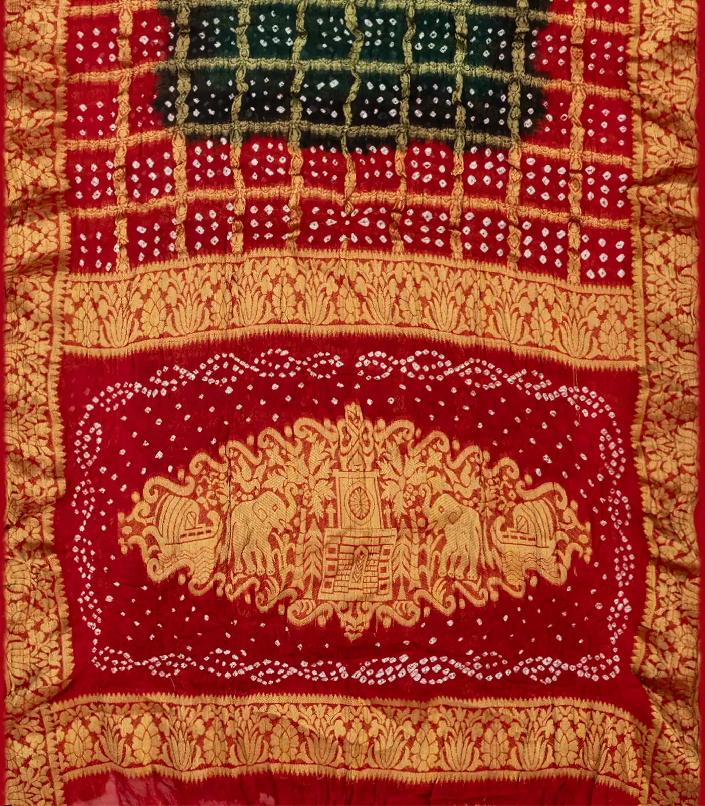 Dark Green Woven Blended Bandhej Saree With Checks-Dark Green