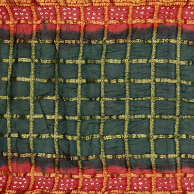 Dark Green Woven Blended Bandhej Saree With Checks-Dark Green