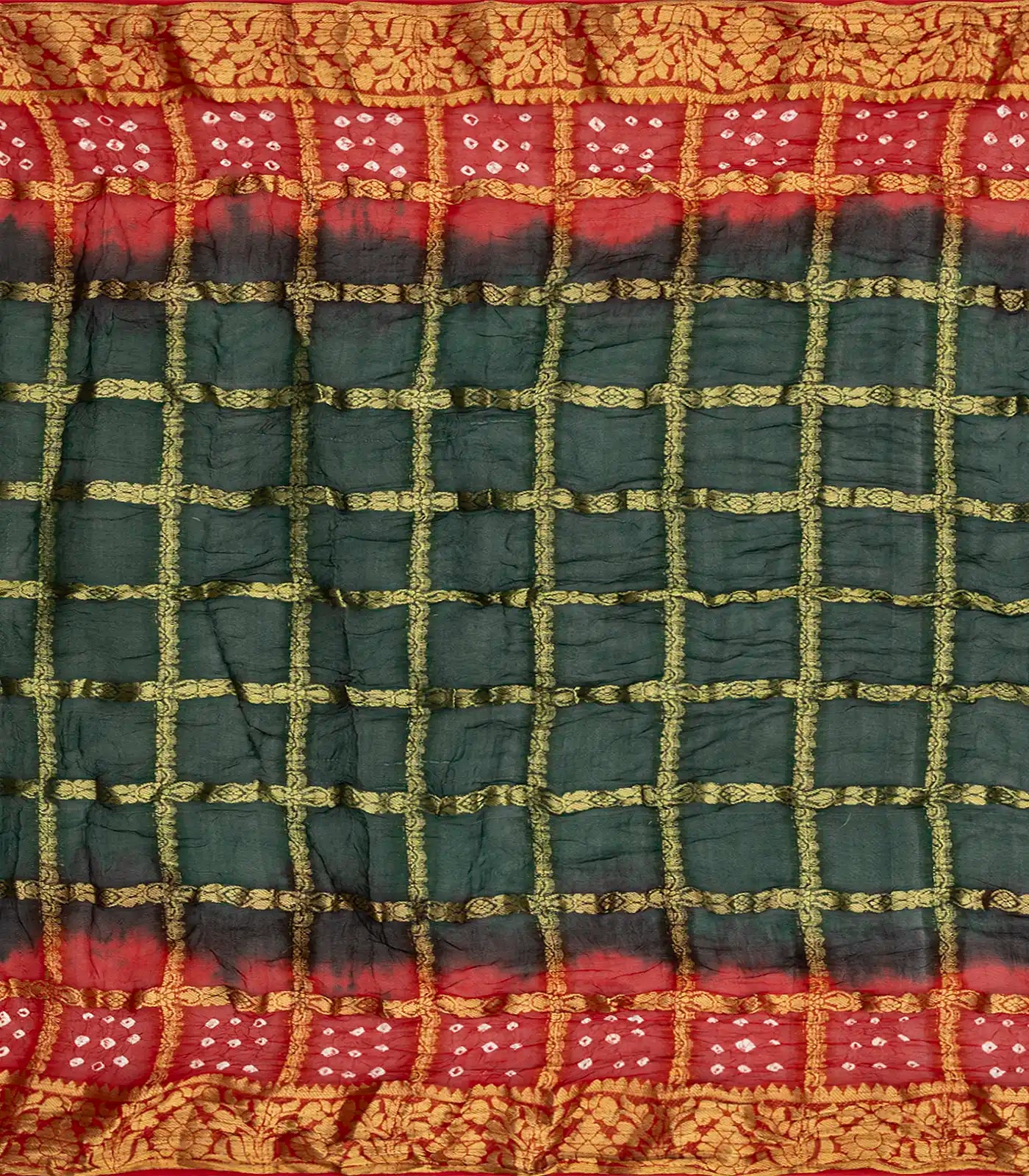 Dark Green Woven Blended Bandhej Saree With Checks-Dark Green