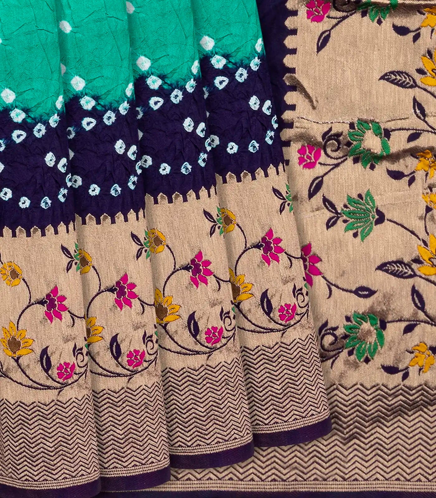 Aquamarine Woven Blended Bandhej Saree With Paithani Border-Aquamarine