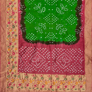 Green Woven Blended Bandhej Saree With Paithani Border-Green
