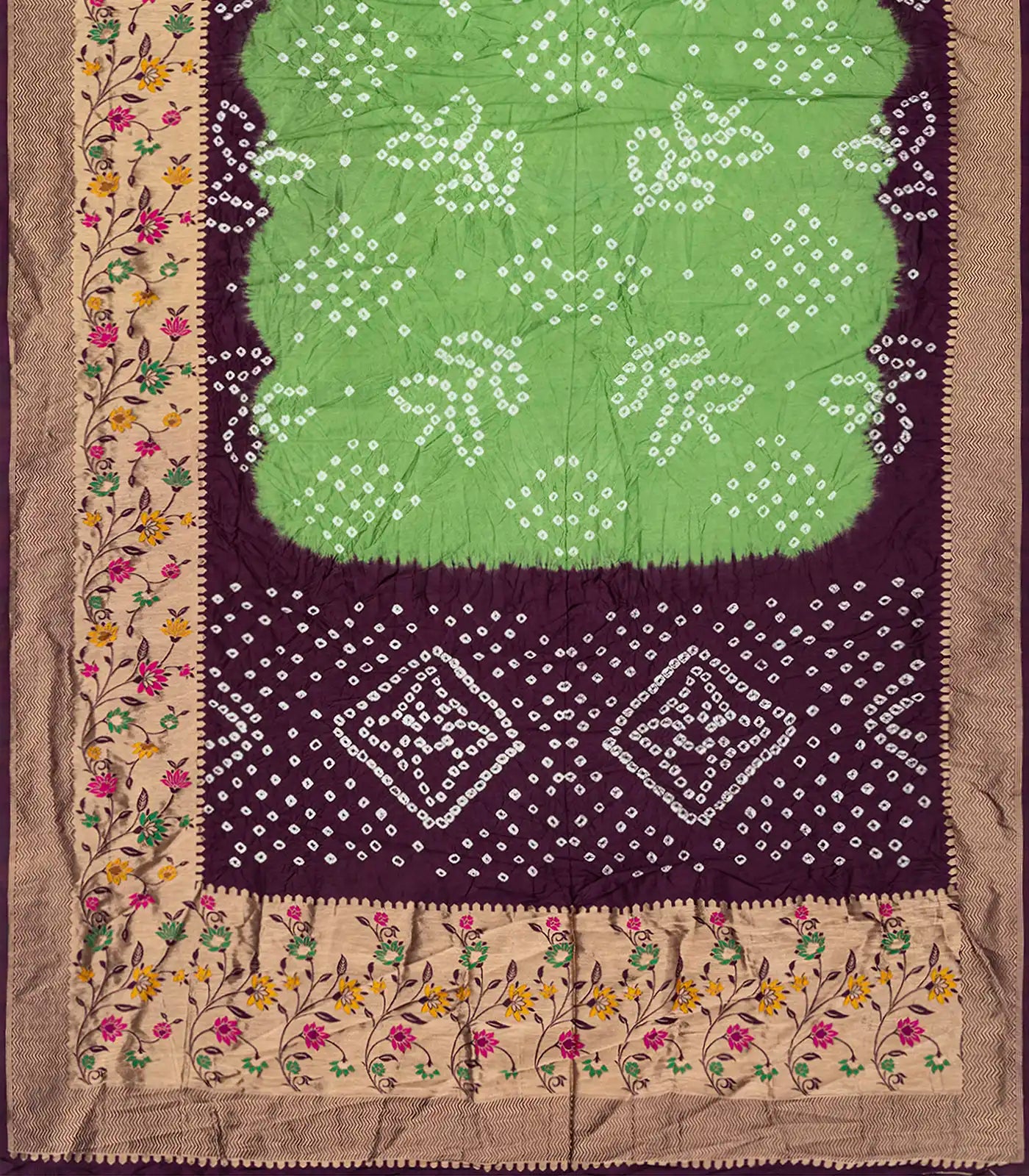 Pista Green Woven Blended Bandhej Saree With Paithani Border-Pista Green