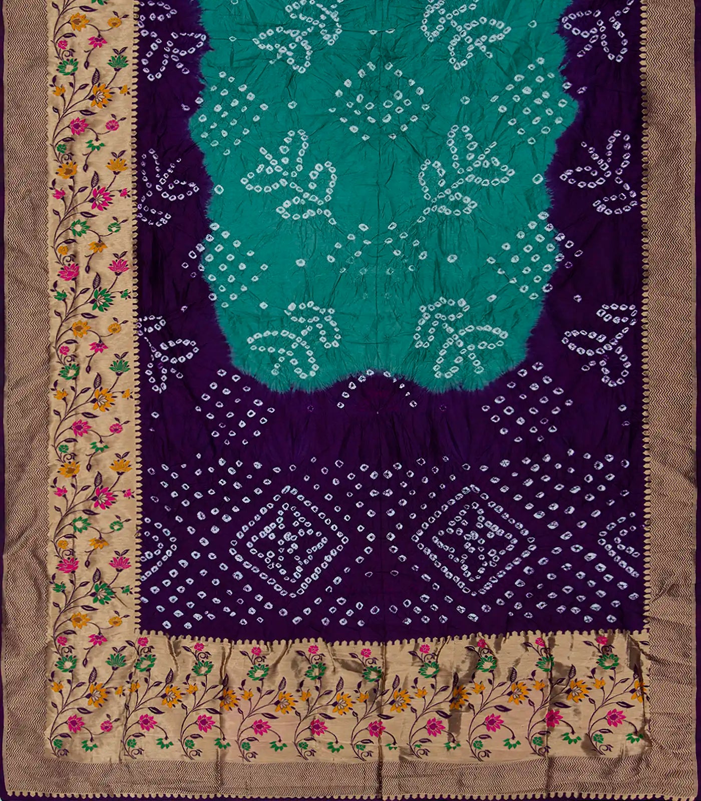 Cyan Woven Blended Bandhej Saree With Paithani Border-Cyan