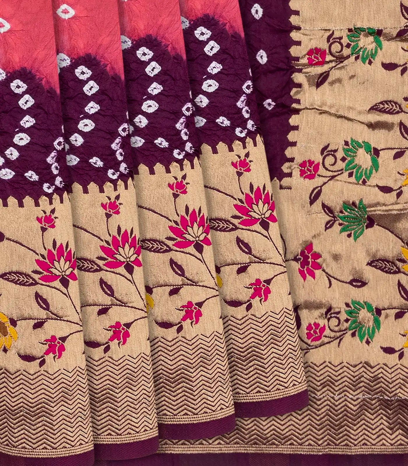 Dark Peach Woven Blended Bandhej Saree With Paithani Border-Dark Peach