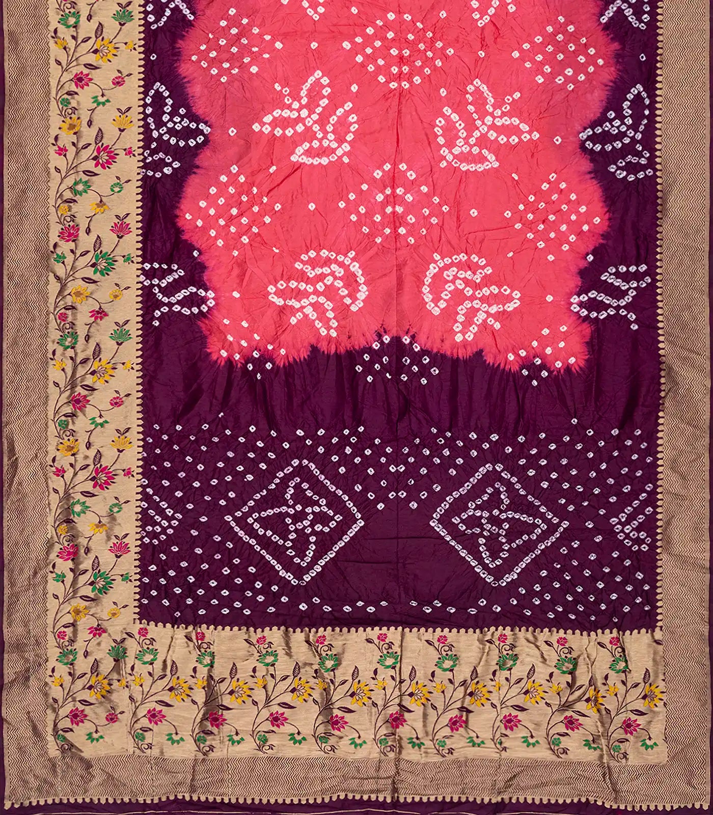 Dark Peach Woven Blended Bandhej Saree With Paithani Border-Dark Peach