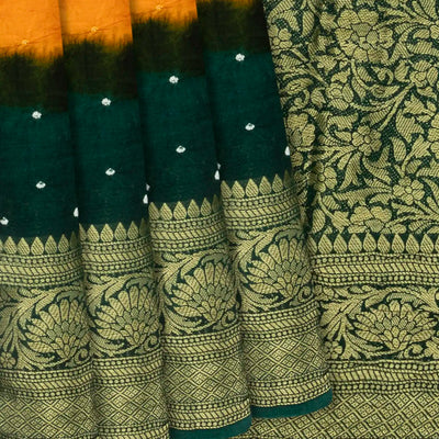 Yellow Woven Blended Bandhej Saree With Floral Motifs-Yellow