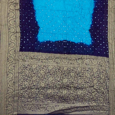Light Blue Woven Blended Bandhej Saree With Floral Motifs-Light Blue
