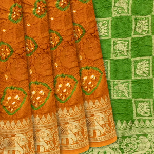 Oil Mustard Woven Blended Bandhej Saree With Elephant Motifs-OIL MUSTARD