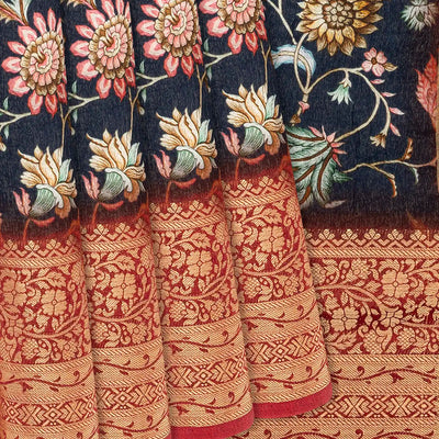 Black Woven Chanderi Viscose Printed Saree With Floral Vine Motifs-Black