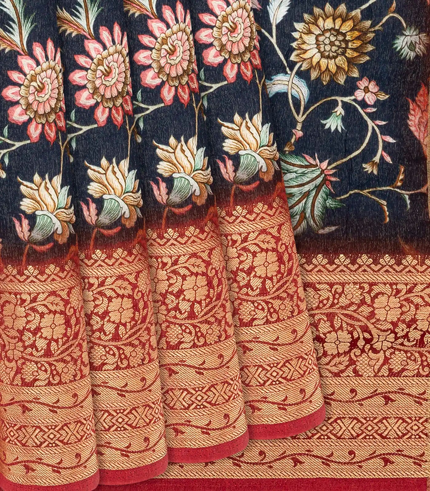 Black Woven Chanderi Viscose Printed Saree With Floral Vine Motifs-Black