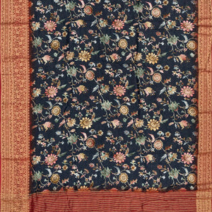 Black Woven Chanderi Viscose Printed Saree With Floral Vine Motifs-Black
