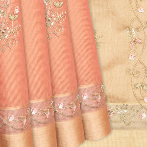Peach Tissue Embroidered Saree With Floral Motifs-Peach