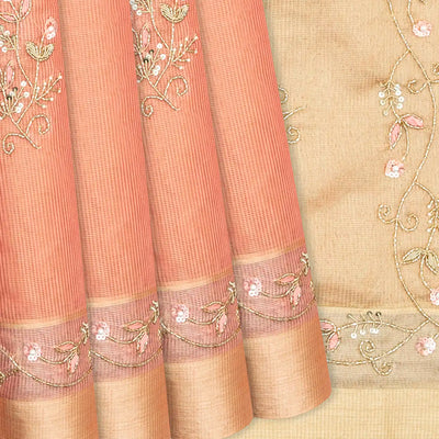 Peach Tissue Embroidered Saree With Floral Motifs-Peach