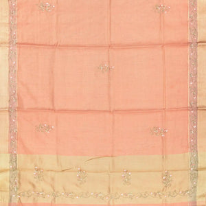 Peach Tissue Embroidered Saree With Floral Motifs-Peach