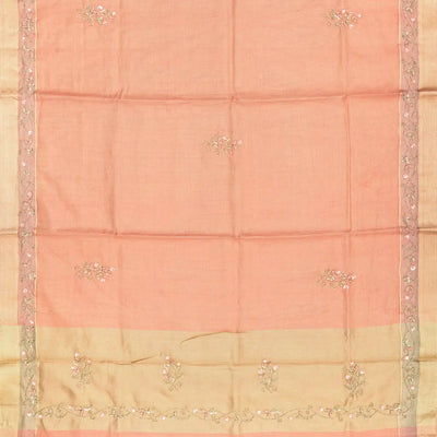 Peach Tissue Embroidered Saree With Floral Motifs-Peach