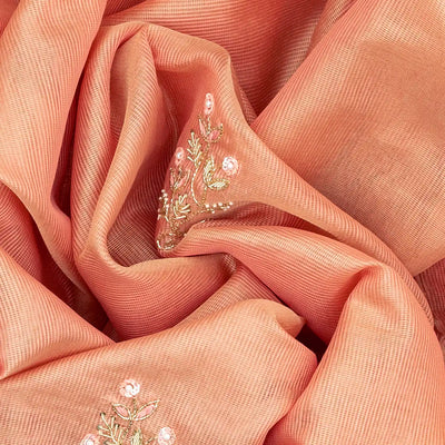 Peach Tissue Embroidered Saree With Floral Motifs-Peach