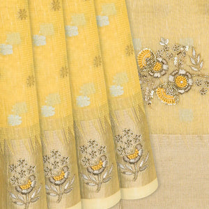 Yellow Tissue Embroidered Saree With Floral Motifs-Yellow
