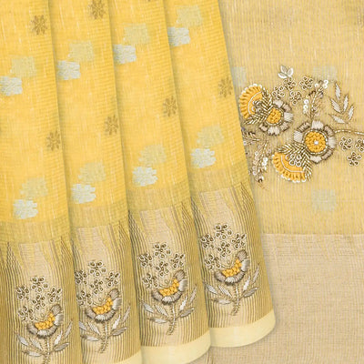 Yellow Tissue Embroidered Saree With Floral Motifs-Yellow