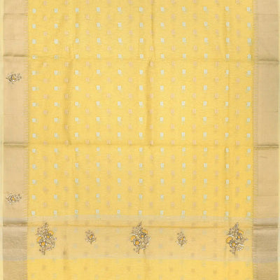 Yellow Tissue Embroidered Saree With Floral Motifs-Yellow