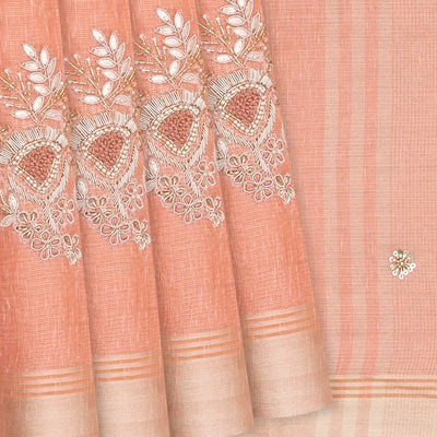 Peach Tissue Embroidered Saree With Floral Butta Motifs-Peach