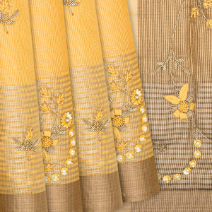 Sandal Woven Tissue Saree With Embroidered Floral Motifs-Sandal