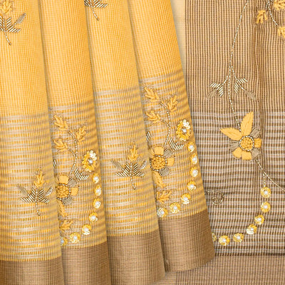 Sandal Woven Tissue Saree With Embroidered Floral Motifs-Sandal