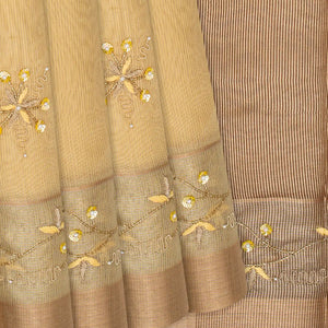 Sandal Woven Tissue Saree With Embroidered Floral Motifs-Sandal