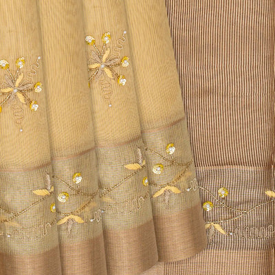 Sandal Woven Tissue Saree With Embroidered Floral Motifs-Sandal