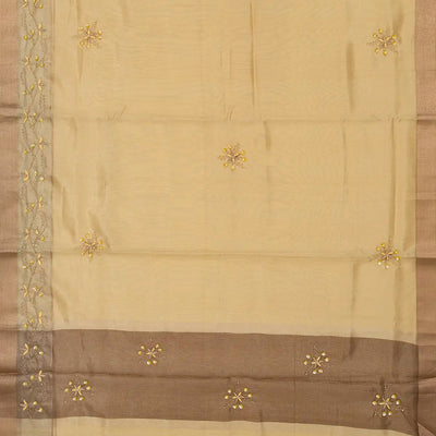 Sandal Woven Tissue Saree With Embroidered Floral Motifs-Sandal