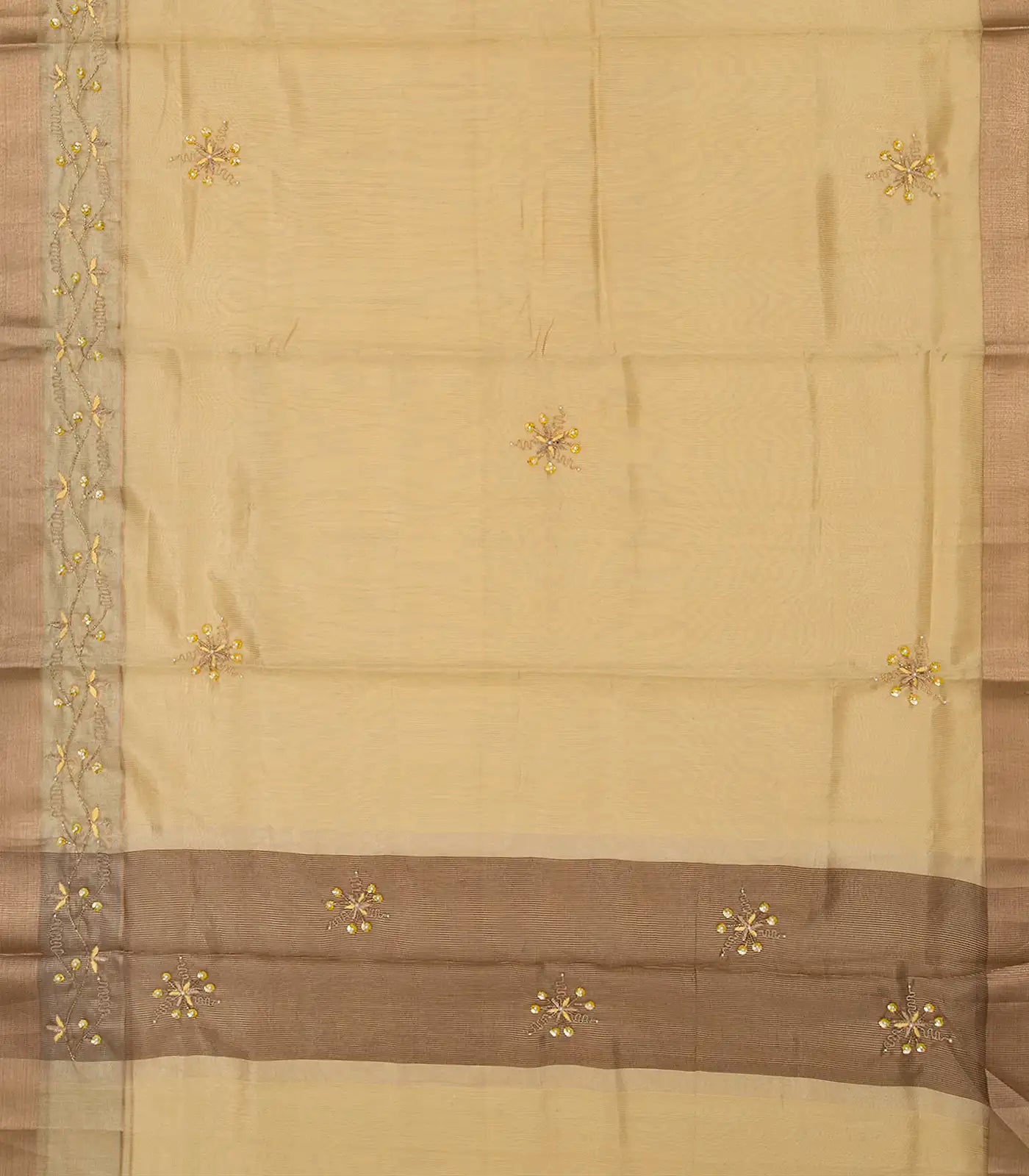 Sandal Woven Tissue Saree With Embroidered Floral Motifs-Sandal