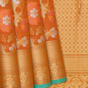 Peach Handloom Cotton Saree With Meena Floral Motifs-Peach