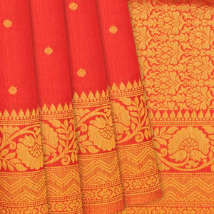 Red Woven Blended Dupion Saree With Kamalam Motifs-Red