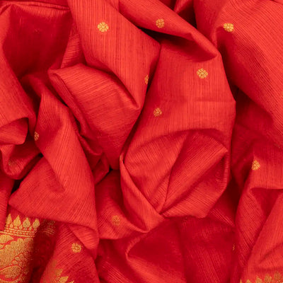 Red Woven Blended Dupion Saree With Kamalam Motifs-Red