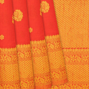 Red Woven Blended Dupion Saree With Flower Motifs-Red