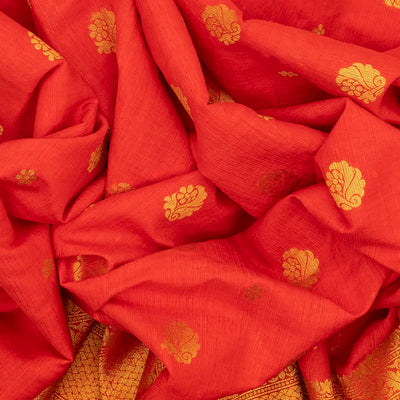 Red Woven Blended Dupion Saree With Flower Motifs-Red