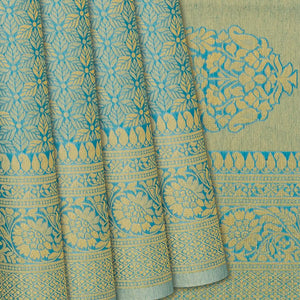 Blue Woven Art Dupion Saree With Floral Motifs-Blue