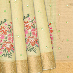 Beige Blended Cotton Saree With Embroidered Floral Motifs-Beige