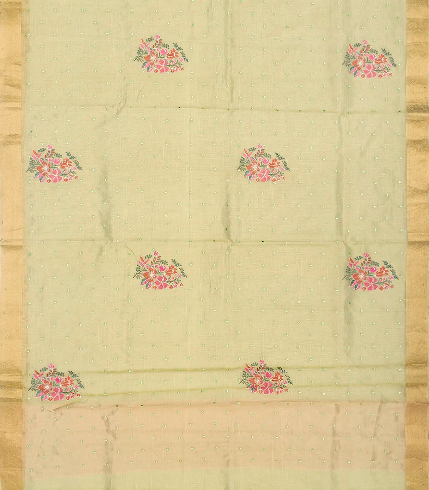 Beige Blended Cotton Saree With Embroidered Floral Motifs-Beige