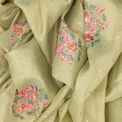 Beige Blended Cotton Saree With Embroidered Floral Motifs-Beige