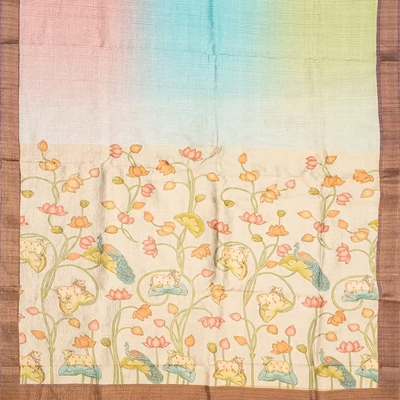 Multi Colour Woven Crushed Blended Saree With Printed Pichwai Cow Motifs-Multi colour