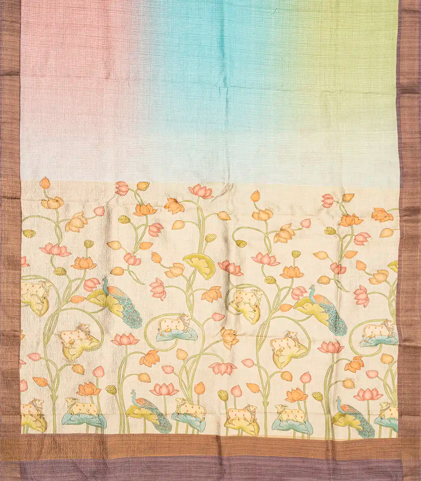 Multi Colour Woven Crushed Blended Saree With Printed Pichwai Cow Motifs-Multi colour