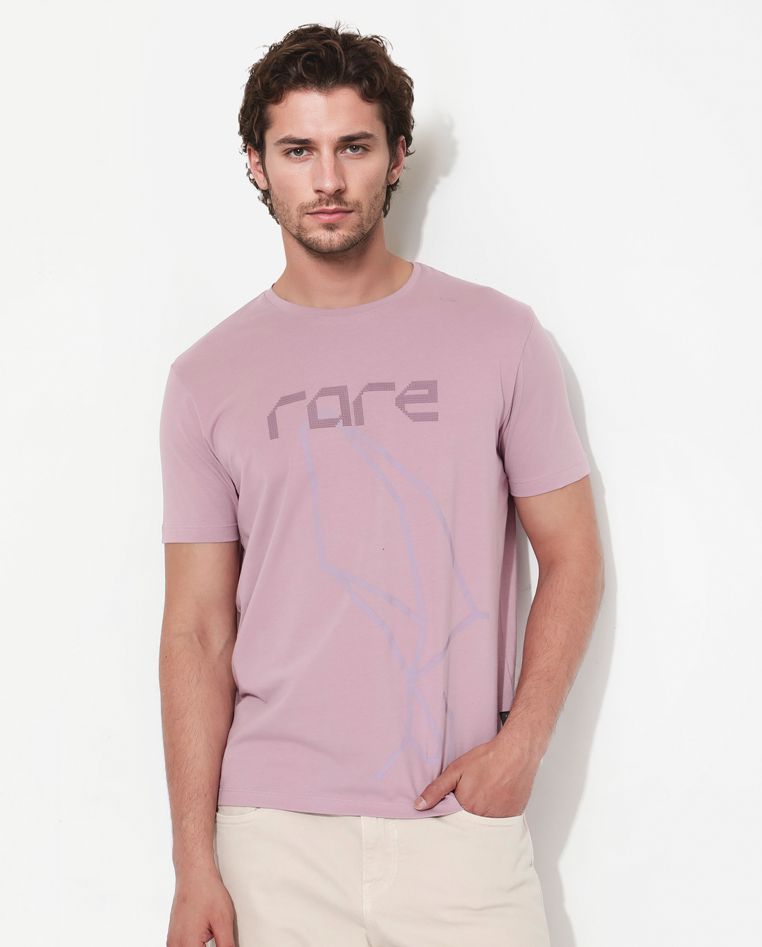 Rare Rabbit Articale Mens Bolt Dusky Pink Cotton Lycra Fabric Short Sleeve Crew Neck Regular Fit Graphic Print T-Shirt