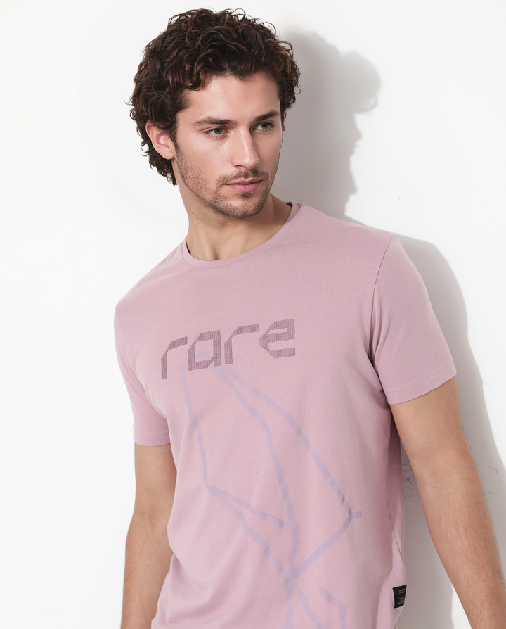 Rare Rabbit Articale Mens Bolt Dusky Pink Cotton Lycra Fabric Short Sleeve Crew Neck Regular Fit Graphic Print T-Shirt