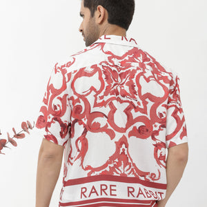 Rare Rabbit Mens Bordin Red Viscose Fabric Half Sleeves Cuban Collar Boxy Fit Abstract Print Shirt