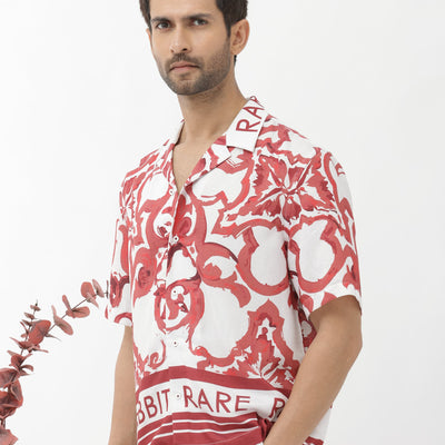 Rare Rabbit Mens Bordin Red Viscose Fabric Half Sleeves Cuban Collar Boxy Fit Abstract Print Shirt